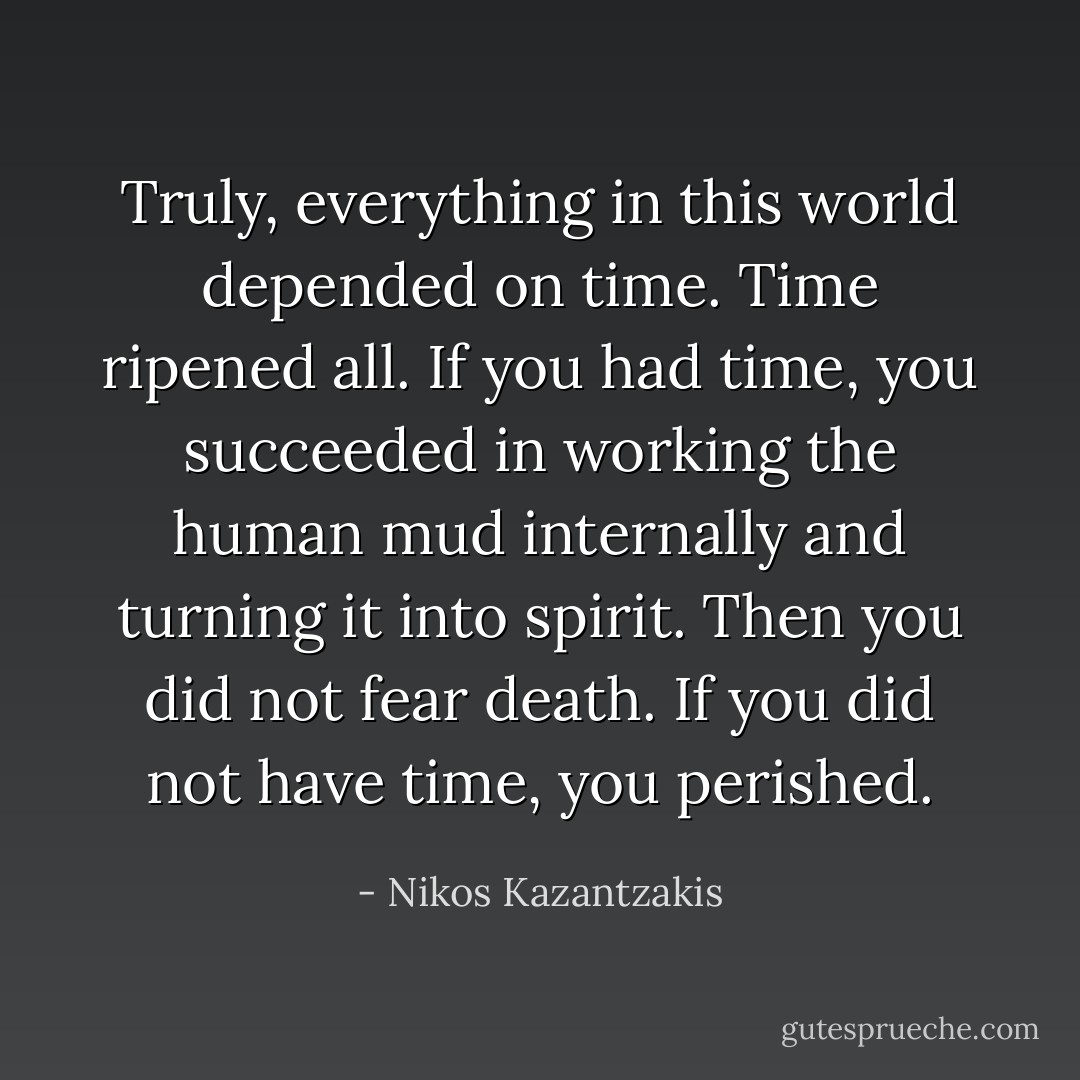 Truly, everything in this world depended on time. Time ripened all. If you had time, you succeeded in working the human mud internally and turning it into spirit. Then you did not fear death. If you did not have time, you perished. - Nikos Kazantzakis