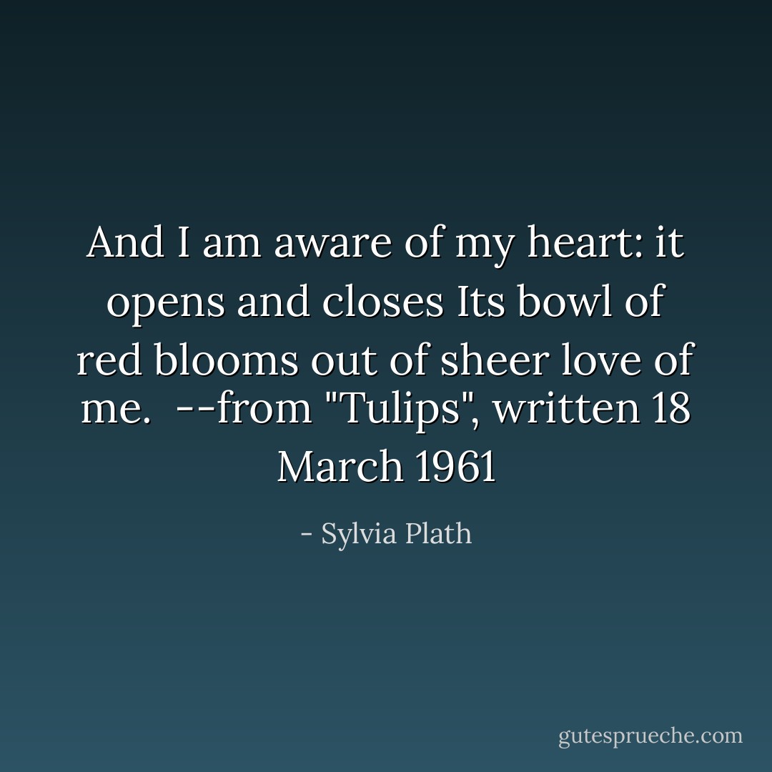 And I am aware of my heart: it opens and closes<br />Its bowl of red blooms out of sheer love of me.<br /><br />--from "Tulips", written 18 March 1961 - Sylvia Plath