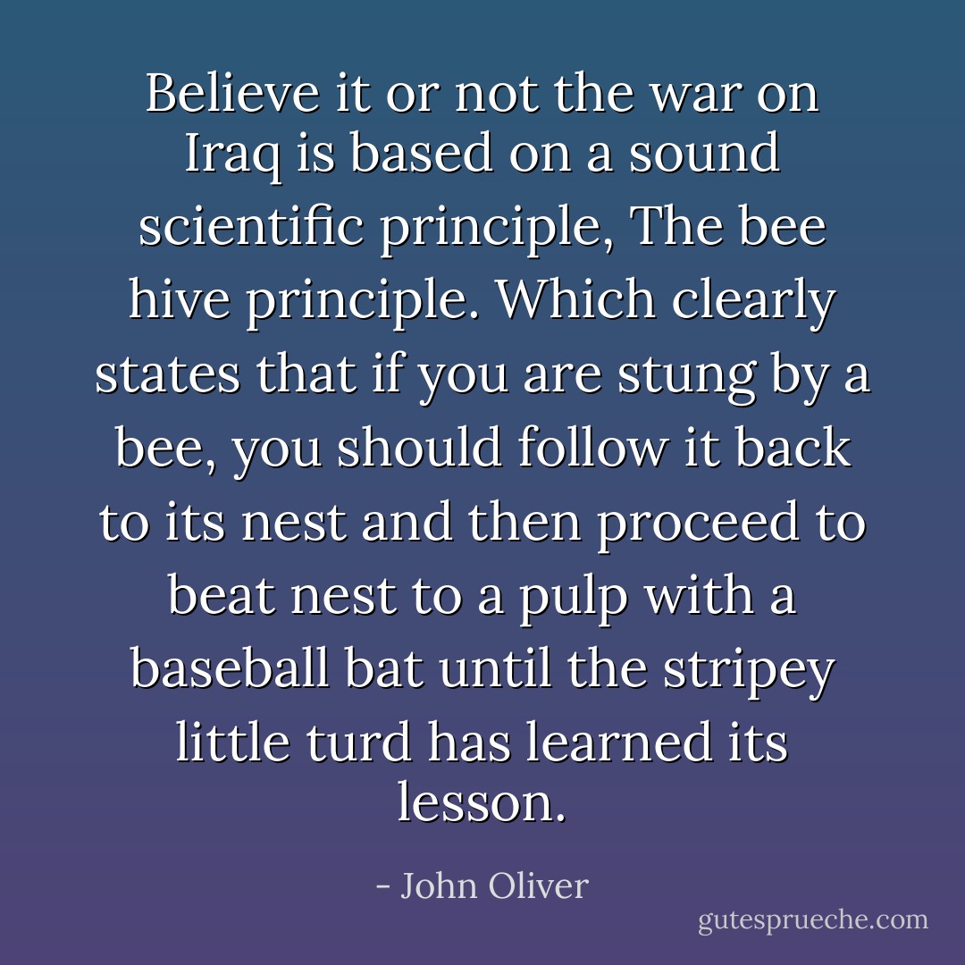 Believe it or not the war on Iraq is based on a sound scientific principle, The bee hive principle. Which clearly states that if you are stung by a bee, you should follow it back to its nest and then proceed to beat nest to a pulp with a baseball bat until the stripey little turd has learned its lesson. - John Oliver