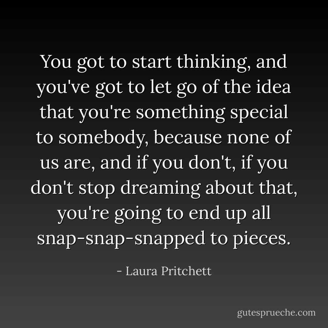 You got to start thinking, and you've got to let go of the idea that you're something special to somebody, because none of us are, and if you don't, if you don't stop dreaming about that, you're going to end up all snap-snap-snapped to pieces. - Laura Pritchett