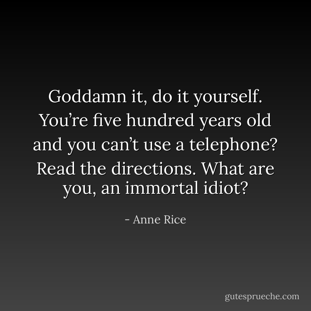 Goddamn it, do it yourself. You’re five hundred years old and you can’t use a telephone? Read the directions. What are you, an immortal idiot? - Anne Rice