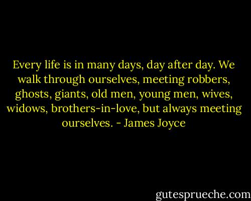 Every life is in many days, day after day. We walk through ourselves, meeting robbers, ghosts, giants, old men, young men, wives, widows, brothers-in-love, but always meeting ourselves. - James Joyce