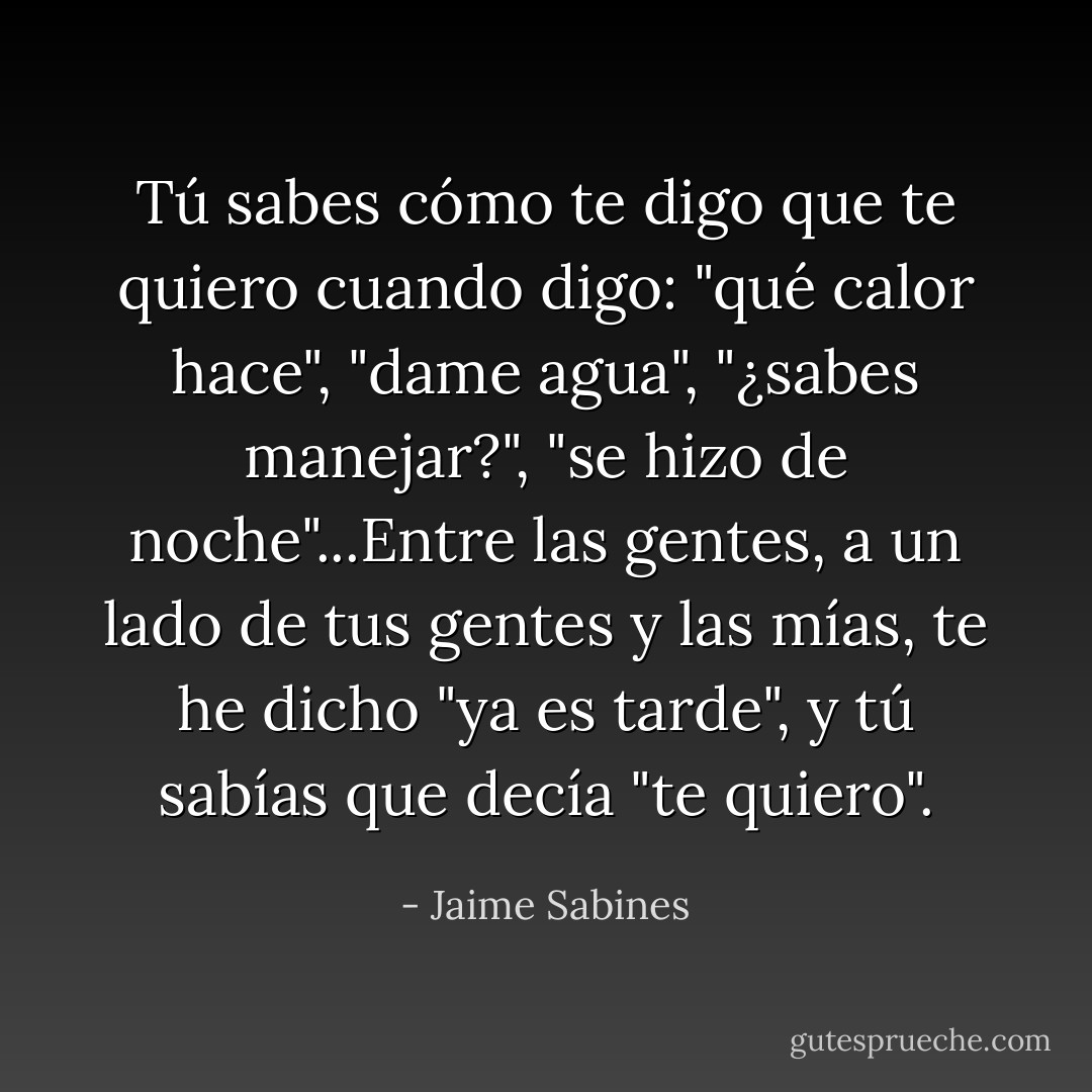 Tú sabes cómo te digo que te quiero cuando digo: "qué calor hace", "dame agua", "¿sabes manejar?", "se hizo de noche"...Entre las gentes, a un lado de tus gentes y las mías, te he dicho "ya es tarde", y tú sabías que decía "te quiero". - Jaime Sabines