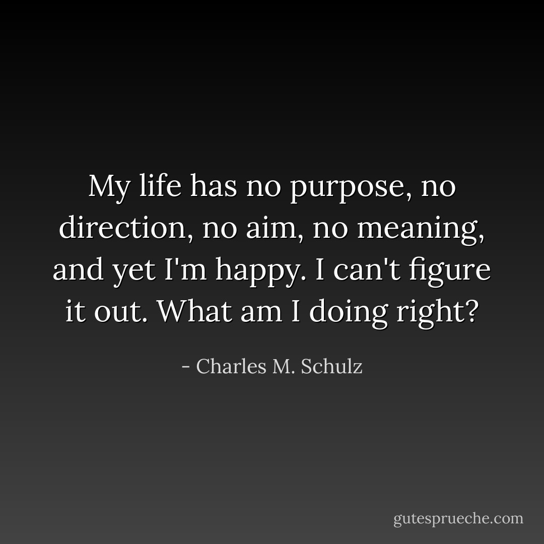 My life has no purpose, no direction, no aim, no meaning, and yet I'm happy. I can't figure it out. What am I doing right? - Charles M. Schulz