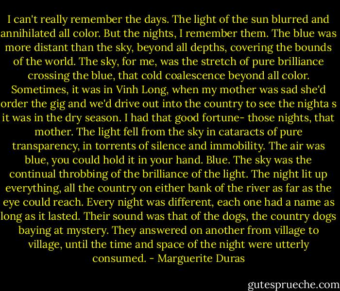I can't really remember the days. The light of the sun blurred and annihilated all color. But the nights, I remember them. The blue was more distant than the sky, beyond all depths, covering the bounds of the world. The sky, for me, was the stretch of pure brilliance crossing the blue, that cold coalescence beyond all color. Sometimes, it was in Vinh Long, when my mother was sad she'd order the gig and we'd drive out into the country to see the nighta s it was in the dry season. I had that good fortune- those nights, that mother. The light fell from the sky in cataracts of pure transparency, in torrents of silence and immobility. The air was blue, you could hold it in your hand. Blue. The sky was the continual throbbing of the brilliance of the light. The night lit up everything, all the country on either bank of the river as far as the eye could reach. Every night was different, each one had a name as long as it lasted. Their sound was that of the dogs, the country dogs baying at mystery. They answered on another from village to village, until the time and space of the night were utterly consumed. - Marguerite Duras