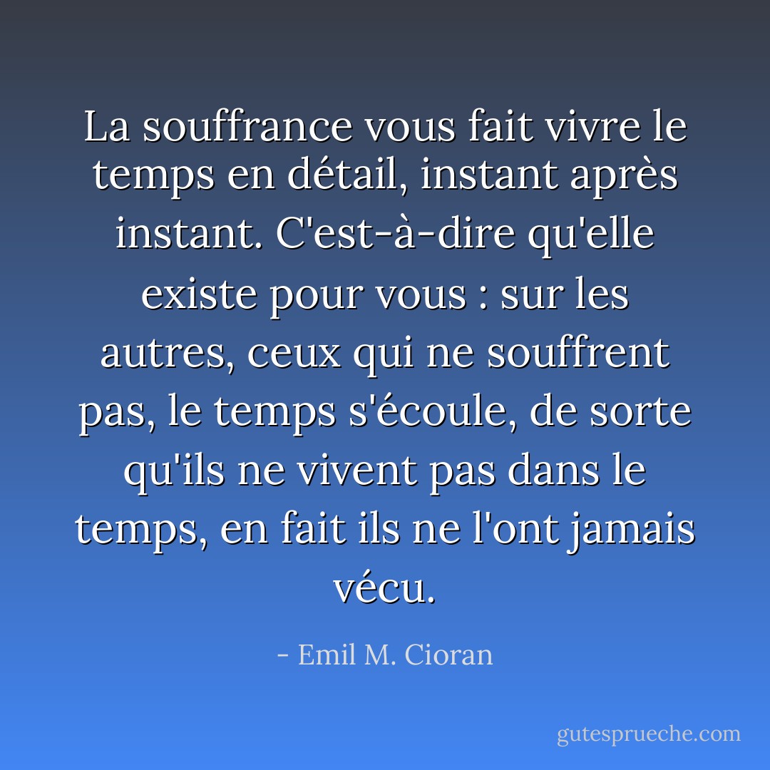 La souffrance vous fait vivre le temps en détail, instant après instant. C'est-à-dire qu'elle existe pour vous : sur les autres, ceux qui ne souffrent pas, le temps s'écoule, de sorte qu'ils ne vivent pas dans le temps, en fait ils ne l'ont jamais vécu. - Emil M. Cioran