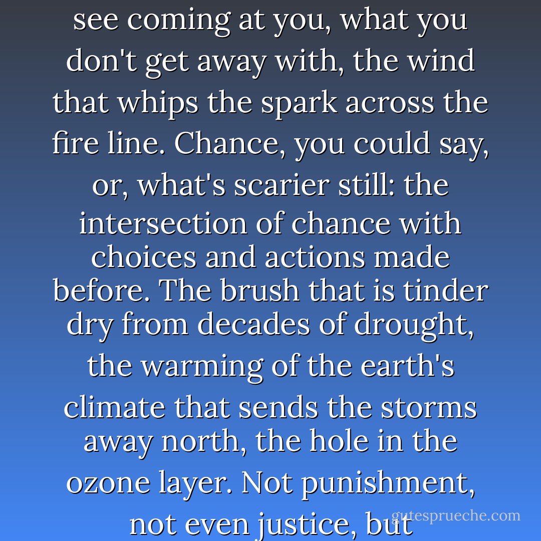 The Crone, the Reaper... She is the Dark Moon, what you don't see coming at you, what you don't get away with, the wind that whips the spark across the fire line. Chance, you could say, or, what's scarier still: the intersection of chance with choices and actions made before. The brush that is tinder dry from decades of drought, the warming of the earth's climate that sends the storms away north, the hole in the ozone layer. Not punishment, not even justice, but consequence. - Starhawk