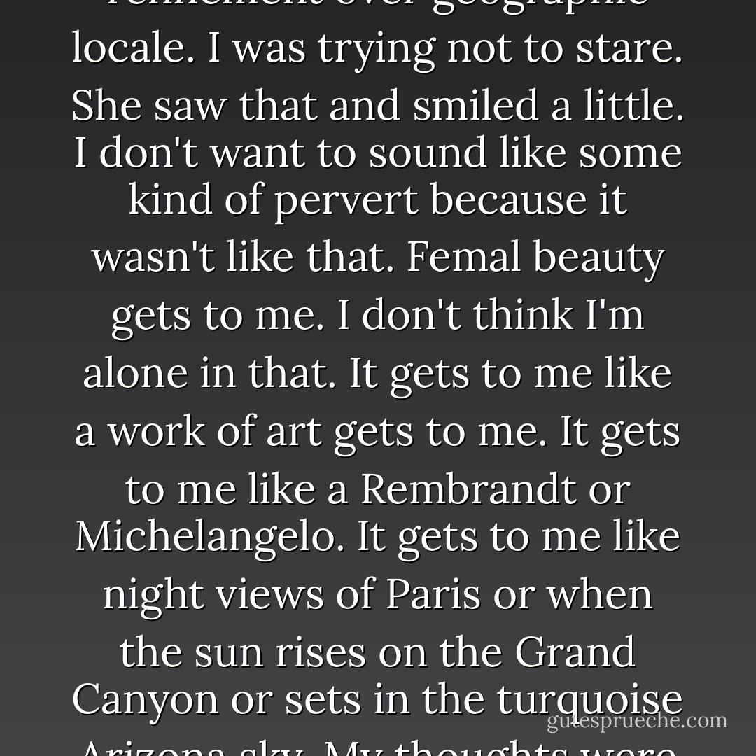 Her voice was polished with a hint of a New England-boarding-school accent that shouted refinement over geographic locale. I was trying not to stare. She saw that and smiled a little. I don't want to sound like some kind of pervert because it wasn't like that. Femal beauty gets to me. I don't think I'm alone in that. It gets to me like a work of art gets to me. It gets to me like a Rembrandt or Michelangelo. It gets to me like night views of Paris or when the sun rises on the Grand Canyon or sets in the turquoise Arizona sky. My thoughts were not illicit. Ther were, I self-rationalized, rather artistic. - Harlan Coben