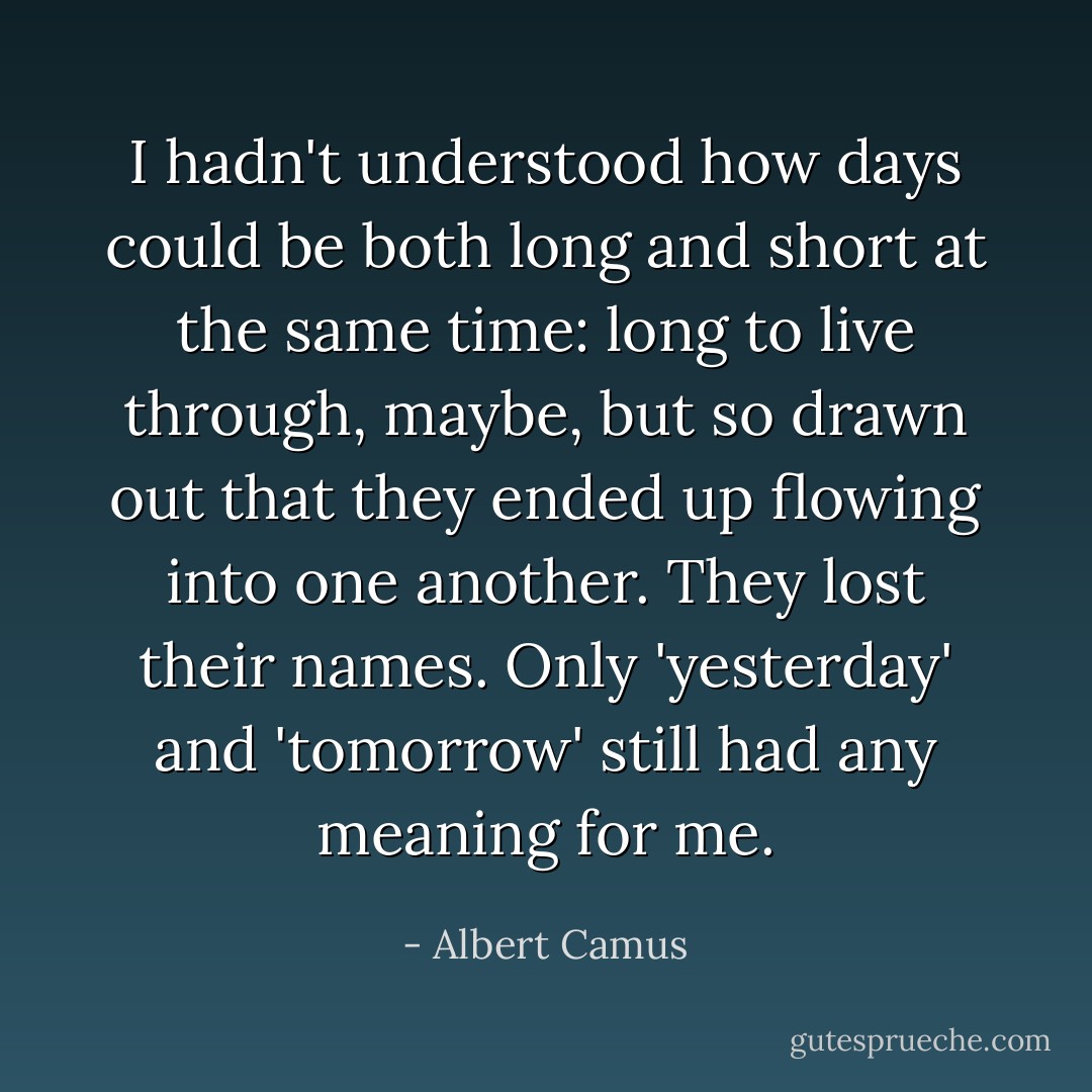 I hadn't understood how days could be both long and short at the same time: long to live through, maybe, but so drawn out that they ended up flowing into one another. They lost their names. Only 'yesterday' and 'tomorrow' still had any meaning for me. - Albert Camus