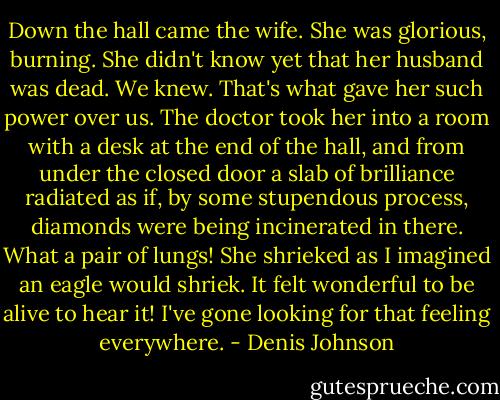 Down the hall came the wife. She was glorious, burning. She didn't know yet that her husband was dead. We knew. That's what gave her such power over us. The doctor took her into a room with a desk at the end of the hall, and from under the closed door a slab of brilliance radiated as if, by some stupendous process, diamonds were being incinerated in there. What a pair of lungs! She shrieked as I imagined an eagle would shriek. It felt wonderful to be alive to hear it! I've gone looking for that feeling everywhere. - Denis Johnson