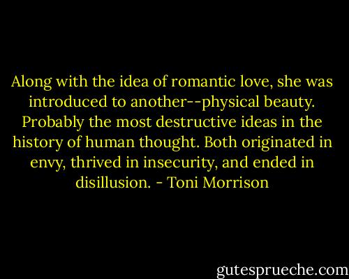 Along with the idea of romantic love, she was introduced to another--physical beauty. Probably the most destructive ideas in the history of human thought. Both originated in envy, thrived in insecurity, and ended in disillusion. - Toni Morrison