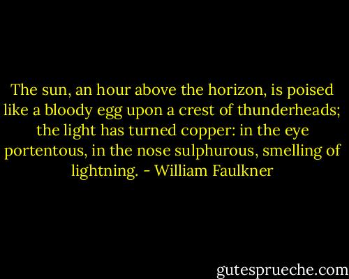 The sun, an hour above the horizon, is poised like a bloody egg upon a crest of thunderheads; the light has turned copper: in the eye portentous, in the nose sulphurous, smelling of lightning. - William Faulkner