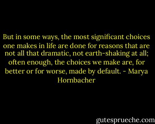 But in some ways, the most significant choices one makes in life are done for reasons that are not all that dramatic, not earth-shaking at all; often enough, the choices we make are, for better or for worse, made by default. - Marya Hornbacher
