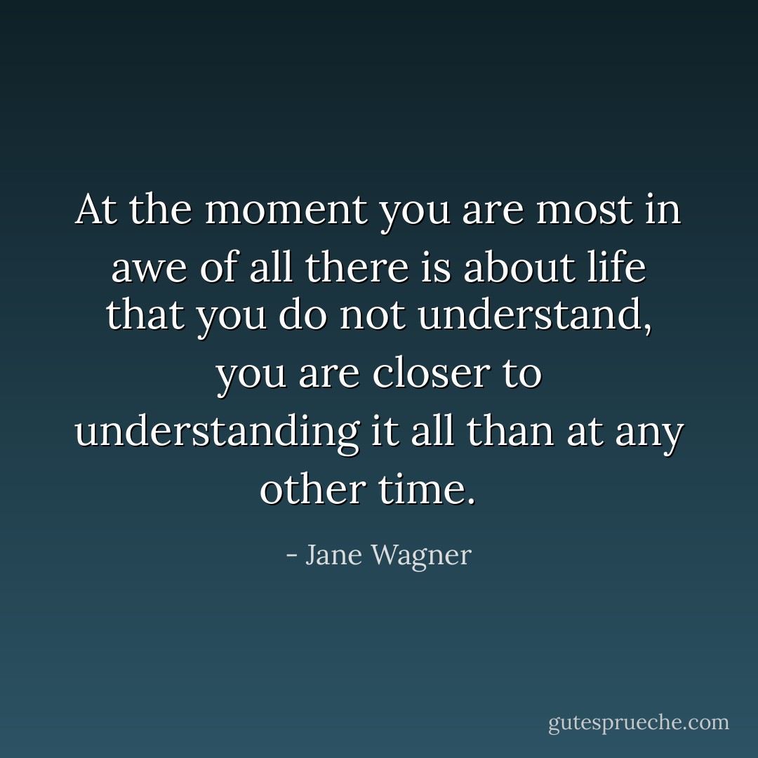 At the moment you are most in awe of all there is about life that you do not understand, you are closer to understanding it all than at any other time.<br />  - Jane Wagner