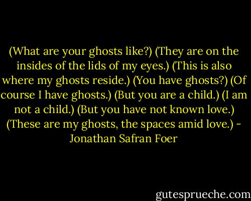 (What are your ghosts like?)<br />(They are on the insides of the lids of my eyes.)<br />(This is also where my ghosts reside.)<br />(You have ghosts?)<br />(Of course I have ghosts.)<br />(But you are a child.)<br />(I am not a child.)<br />(But you have not known love.)<br />(These are my ghosts, the spaces amid love.) - Jonathan Safran Foer