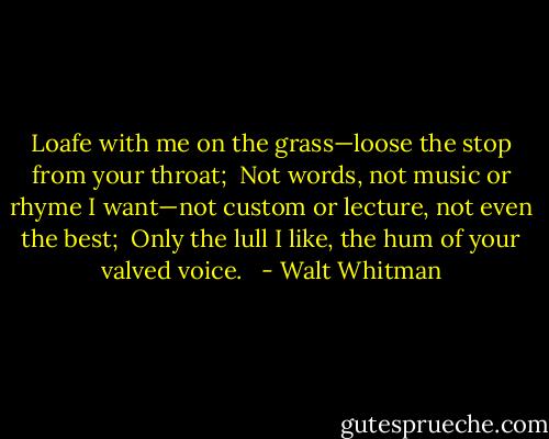Loafe with me on the grass—loose the stop from your throat; <br />Not words, not music or rhyme I want—not custom or lecture, not even the best; <br />Only the lull I like, the hum of your valved voice. <br /> - Walt Whitman