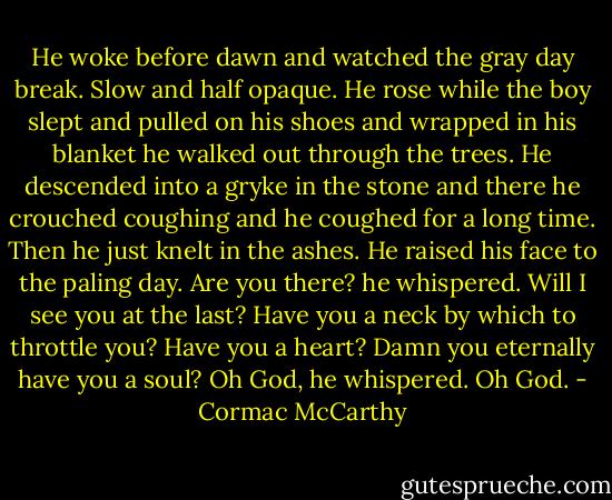 He woke before dawn and watched the gray day break. Slow and half opaque. He rose while the boy slept and pulled on his shoes and wrapped in his blanket he walked out through the trees. He descended into a gryke in the stone and there he crouched coughing and he coughed for a long time. Then he just knelt in the ashes. He raised his face to the paling day. Are you there? he whispered. Will I see you at the last? Have you a neck by which to throttle you? Have you a heart? Damn you eternally have you a soul? Oh God, he whispered. Oh God. - Cormac McCarthy