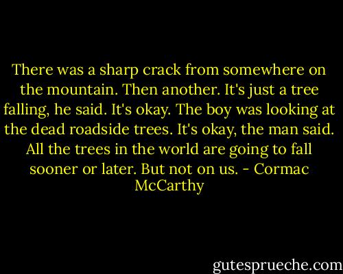 There was a sharp crack from somewhere on the mountain. Then another. It's just a tree falling, he said. It's okay. The boy was looking at the dead roadside trees. It's okay, the man said. All the trees in the world are going to fall sooner or later. But not on us. - Cormac McCarthy