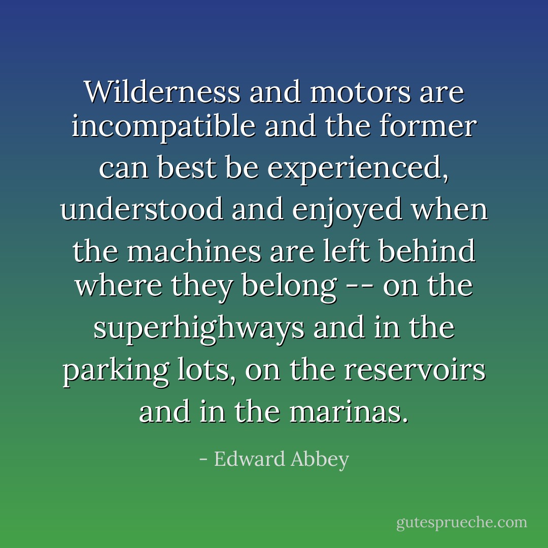 Wilderness and motors are incompatible and the former can best be experienced, understood and enjoyed when the machines are left behind where they belong -- on the superhighways and in the parking lots, on the reservoirs and in the marinas. - Edward Abbey