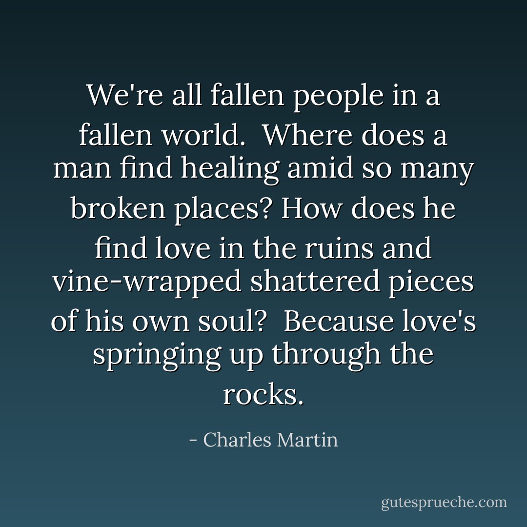 We're all fallen people in a fallen world.<br /><br />Where does a man find healing amid so many broken places? How does he find love in the ruins and vine-wrapped shattered pieces of his own soul?<br /><br />Because love's springing up through the rocks. - Charles Martin