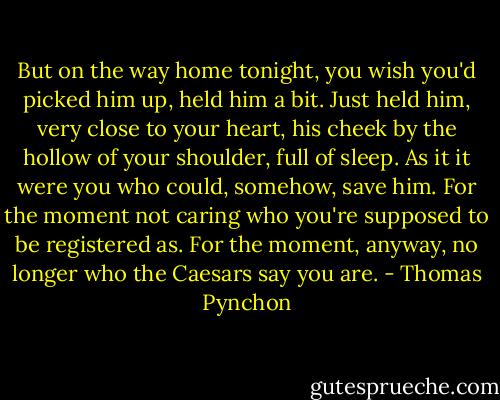 But on the way home tonight, you wish you'd picked him up, held him a bit. Just held him, very close to your heart, his cheek by the hollow of your shoulder, full of sleep. As it it were you who could, somehow, save him. For the moment not caring who you're supposed to be registered as. For the moment, anyway, no longer who the Caesars say you are. - Thomas Pynchon