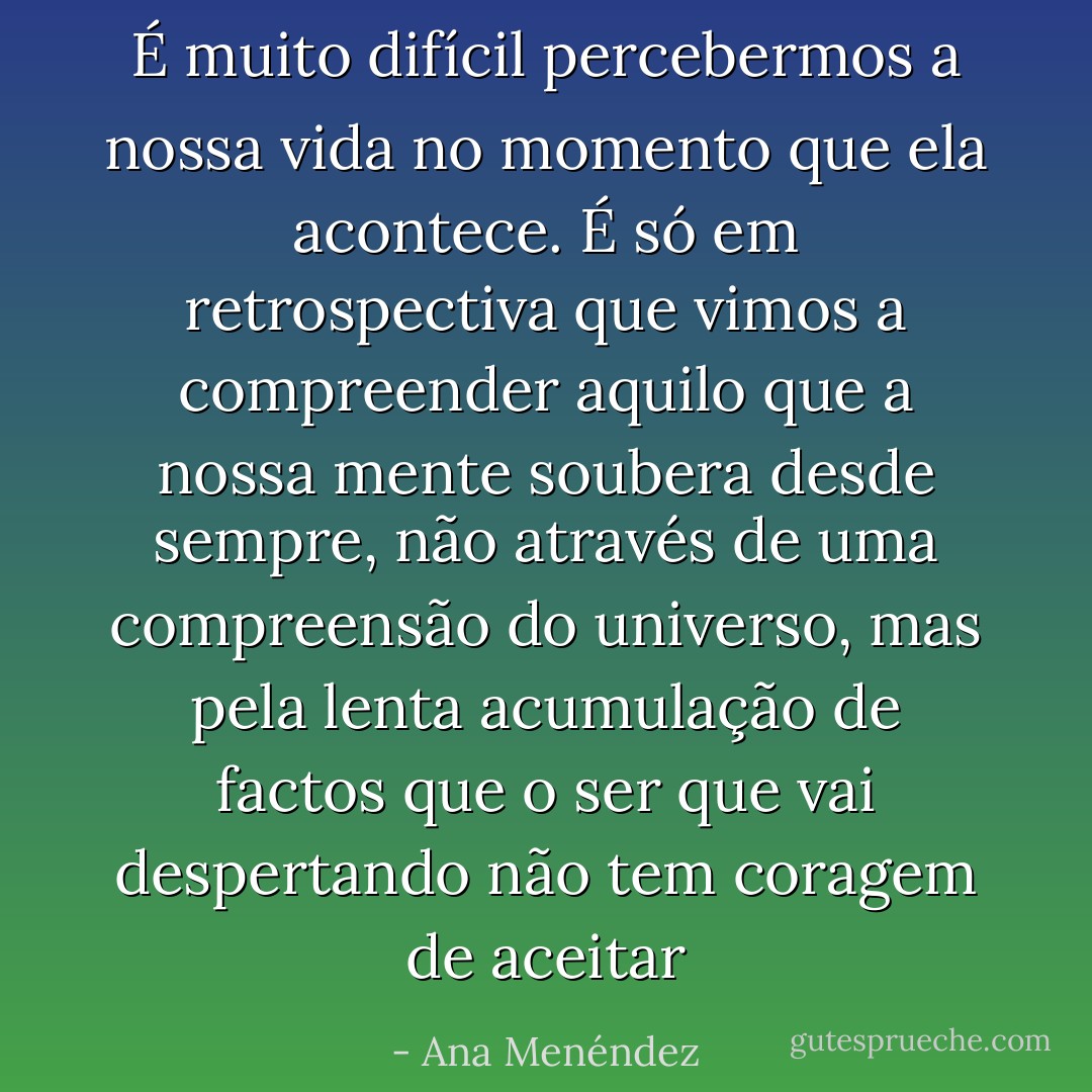 É muito difícil percebermos a nossa vida no momento que ela acontece. É só em retrospectiva que vimos a compreender aquilo que a nossa mente soubera desde sempre, não através de uma compreensão do universo, mas pela lenta acumulação de factos que o ser que vai despertando não tem coragem de aceitar - Ana Menéndez
