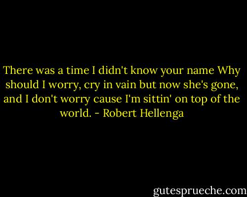 There was a time I didn't know your name<br />Why should I worry, cry in vain<br />but now she's gone, and I don't worry<br />cause I'm sittin' on top of the world. - Robert Hellenga