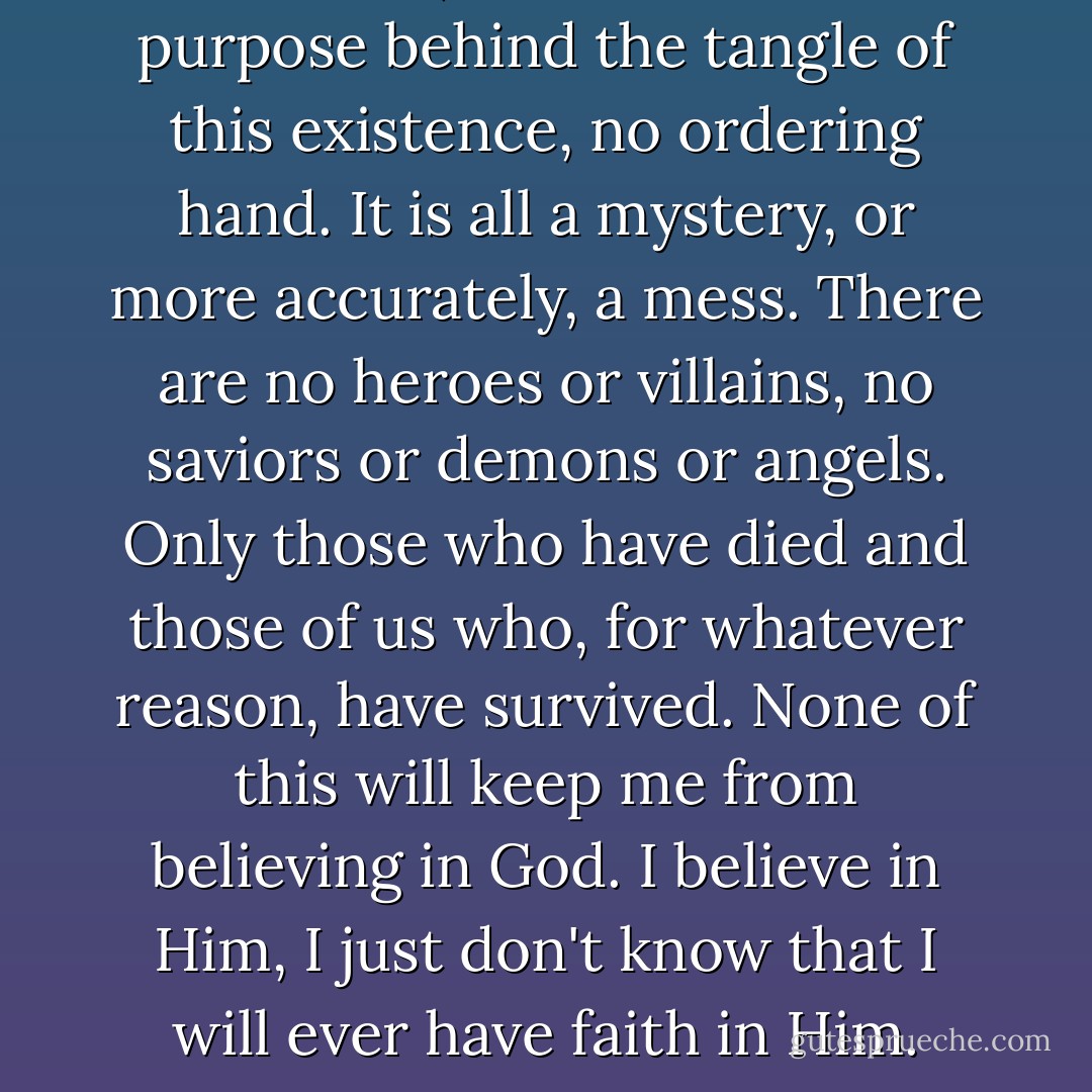 Unlike Rosa, I can see no divine purpose behind the tangle of this existence, no ordering hand. It is all a mystery, or more accurately, a mess. There are no heroes or villains, no saviors or demons or angels. Only those who have died and those of us who, for whatever reason, have survived. None of this will keep me from believing in God. I believe in Him, I just don't know that I will ever have faith in Him. - Brady Udall