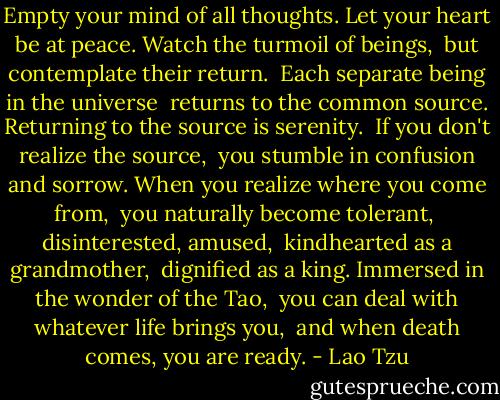 Empty your mind of all thoughts.<br />Let your heart be at peace.<br />Watch the turmoil of beings, <br />but contemplate their return.<br /><br />Each separate being in the universe <br />returns to the common source.<br />Returning to the source is serenity.<br /><br />If you don't realize the source, <br />you stumble in confusion and sorrow.<br />When you realize where you come from, <br />you naturally become tolerant, <br />disinterested, amused, <br />kindhearted as a grandmother, <br />dignified as a king.<br />Immersed in the wonder of the Tao, <br />you can deal with whatever life brings you, <br />and when death comes, you are ready. - Lao Tzu