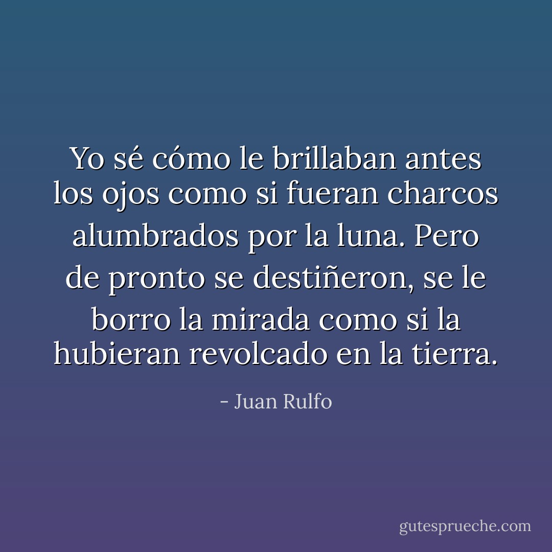 Yo sé cómo le brillaban antes los ojos como si fueran charcos alumbrados por la luna. Pero de pronto se destiñeron, se le borro la mirada como si la hubieran revolcado en la tierra. - Juan Rulfo