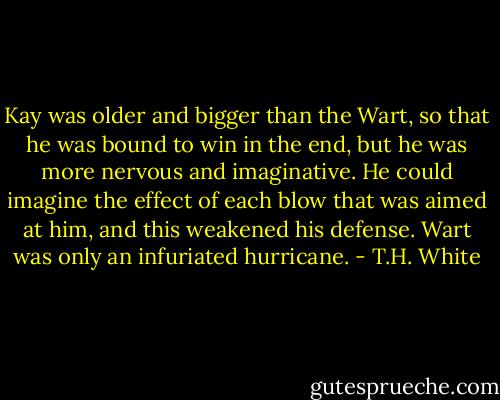 Kay was older and bigger than the Wart, so that he was bound to win in the end, but he was more nervous and imaginative. He could imagine the effect of each blow that was aimed at him, and this weakened his defense. Wart was only an infuriated hurricane. - T.H. White