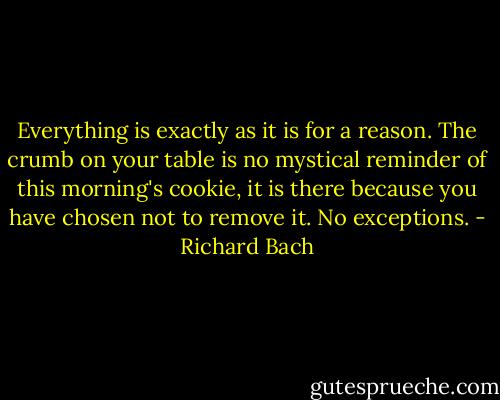 Everything is exactly as it is for a reason.<br />The crumb on your table is<br />no mystical reminder of this morning's cookie,<br />it is there because you have chosen not to remove it.<br />No exceptions. - Richard Bach