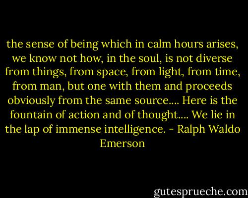 the sense of being which in calm hours arises, we know not how, in the soul, is not diverse from things, from space, from light, from time, from man, but one with them and proceeds obviously from the same source.... Here is the fountain of action and of thought.... We lie in the lap of immense intelligence. - Ralph Waldo Emerson