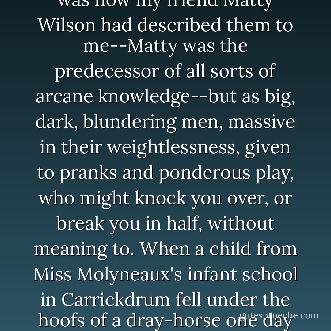 When I was a child and heard about angels, I was both frightened and fascinated by the thought of these enormous, invisible presences in our midst. I conceived of them not as white-robed androgynes with yellow locks and thick gold wings, which was how my friend Matty Wilson had described them to me--Matty was the predecessor of all sorts of arcane knowledge--but as big, dark, blundering men, massive in their weightlessness, given to pranks and ponderous play, who might knock you over, or break you in half, without meaning to. When a child from Miss Molyneaux's infant school in Carrickdrum fell under the hoofs of a dray-horse one day and was trampled to death, I, a watchful six year old, knew who was to blame; I pictured his guardian angel standing over the child's crushed form with his big hands helplessly extended, not sure whether to be contrite or to laugh. - John Banville