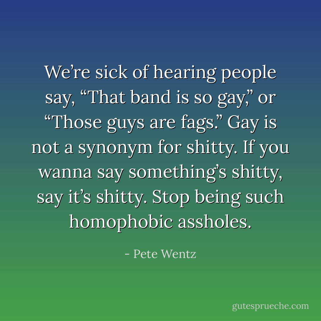 We’re sick of hearing people say, “That band is so gay,” or “Those guys are fags.” Gay is not a synonym for shitty. If you wanna say something’s shitty, say it’s shitty. Stop being such homophobic assholes. - Pete Wentz
