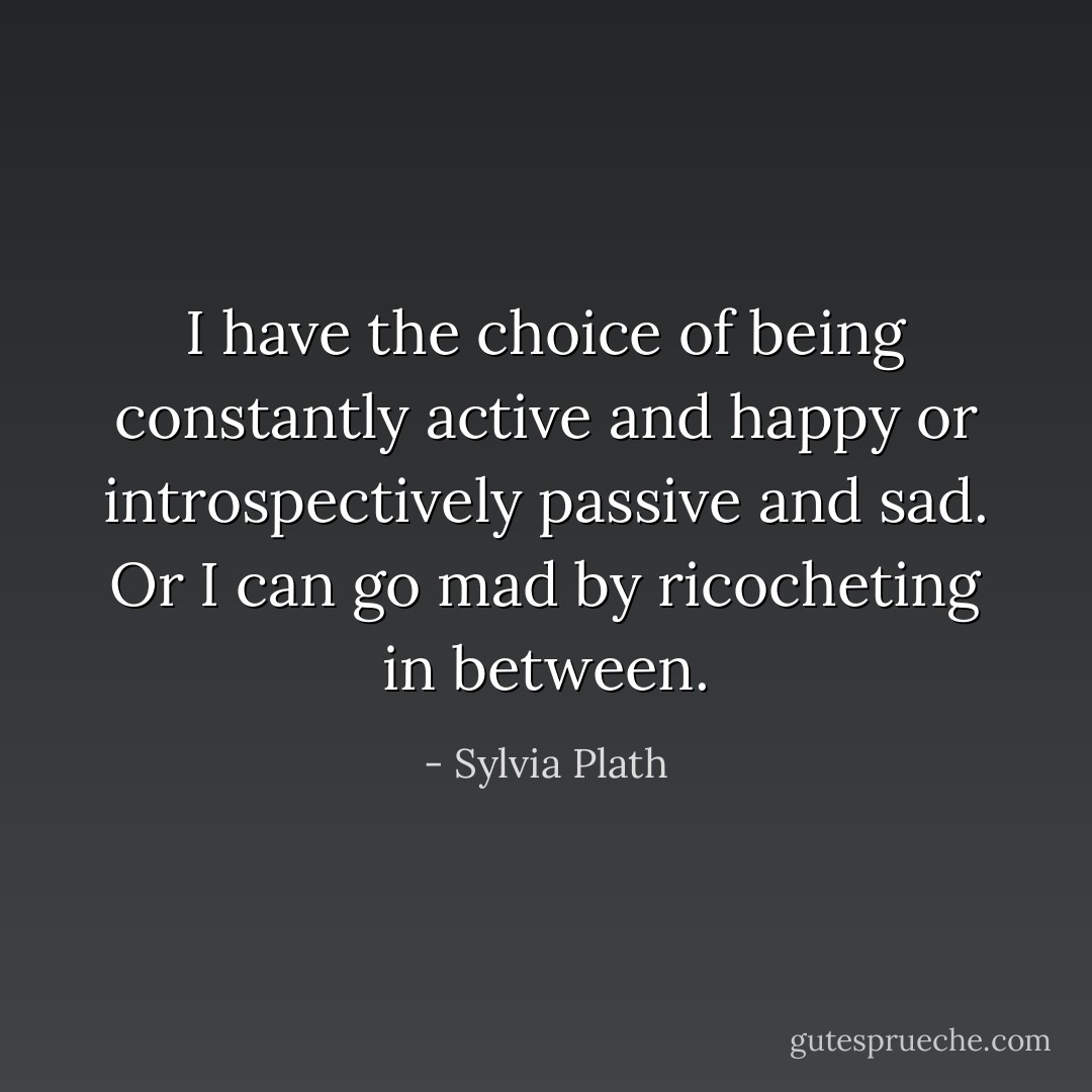 I have the choice of being constantly active and happy or introspectively passive and sad. Or I can go mad by ricocheting in between. - Sylvia Plath