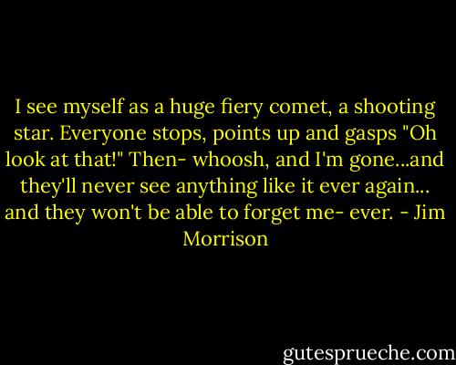 I see myself as a huge fiery comet, a shooting star. Everyone stops, points up and gasps "Oh look at that!" Then- whoosh, and I'm gone...and they'll never see anything like it ever again... and they won't be able to forget me- ever. - Jim Morrison