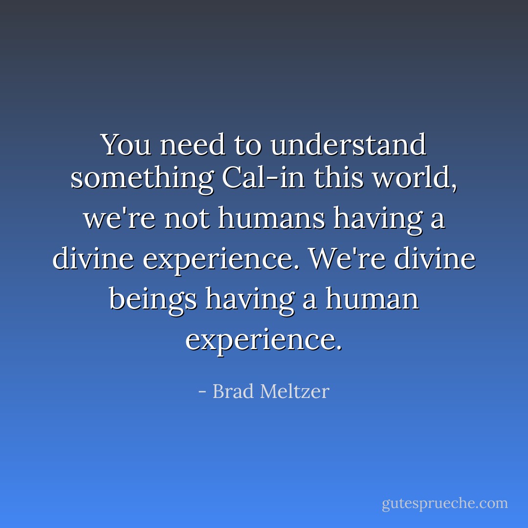 You need to understand something Cal-in this world, we're not humans having a divine experience. We're divine beings having a human experience. - Brad Meltzer
