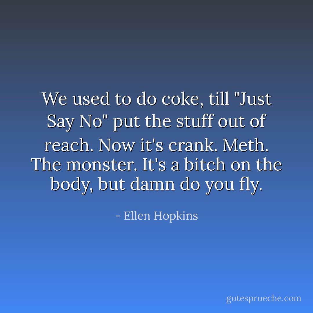 We used to do coke, till "Just Say No" put the stuff out of reach. Now it's crank. Meth. The monster. It's a bitch on the body, but damn do you fly. - Ellen Hopkins