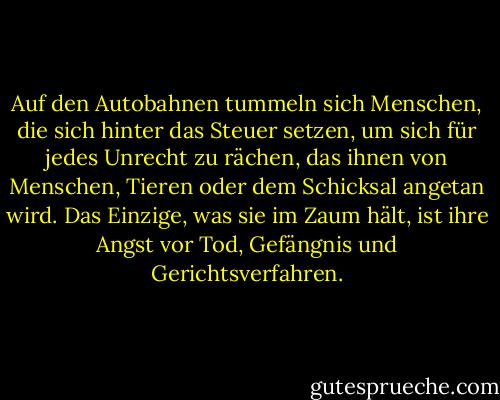 Auf den Autobahnen tummeln sich Menschen, die sich hinter das Steuer setzen, um sich für jedes Unrecht zu rächen, das ihnen von Menschen, Tieren oder dem Schicksal angetan wird. Das Einzige, was sie im Zaum hält, ist ihre Angst vor Tod, Gefängnis und Gerichtsverfahren. - Hunter S. Thompson<