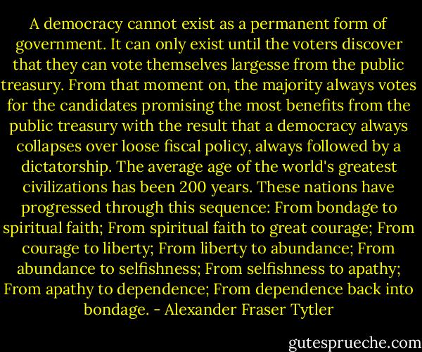 A democracy cannot exist as a permanent form of government. It can only exist until the voters discover that they can vote themselves largesse from the public treasury. From that moment on, the majority always votes for the candidates promising the most benefits from the public treasury with the result that a democracy always collapses over loose fiscal policy, always followed by a dictatorship. The average age of the world's greatest civilizations has been 200 years. These nations have progressed through this sequence: From bondage to spiritual faith; From spiritual faith to great courage; From courage to liberty; From liberty to abundance; From abundance to selfishness; From selfishness to apathy; From apathy to dependence; From dependence back into bondage. - Alexander Fraser Tytler