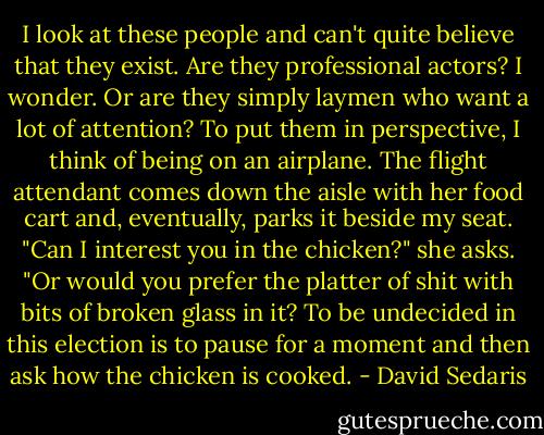 I look at these people and can't quite believe that they exist. Are they professional actors? I wonder. Or are they simply laymen who want a lot of attention? To put them in perspective, I think of being on an airplane. The flight attendant comes down the aisle with her food cart and, eventually, parks it beside my seat. "Can I interest you in the chicken?" she asks. "Or would you prefer the platter of shit with bits of broken glass in it? To be undecided in this election is to pause for a moment and then ask how the chicken is cooked. - David Sedaris