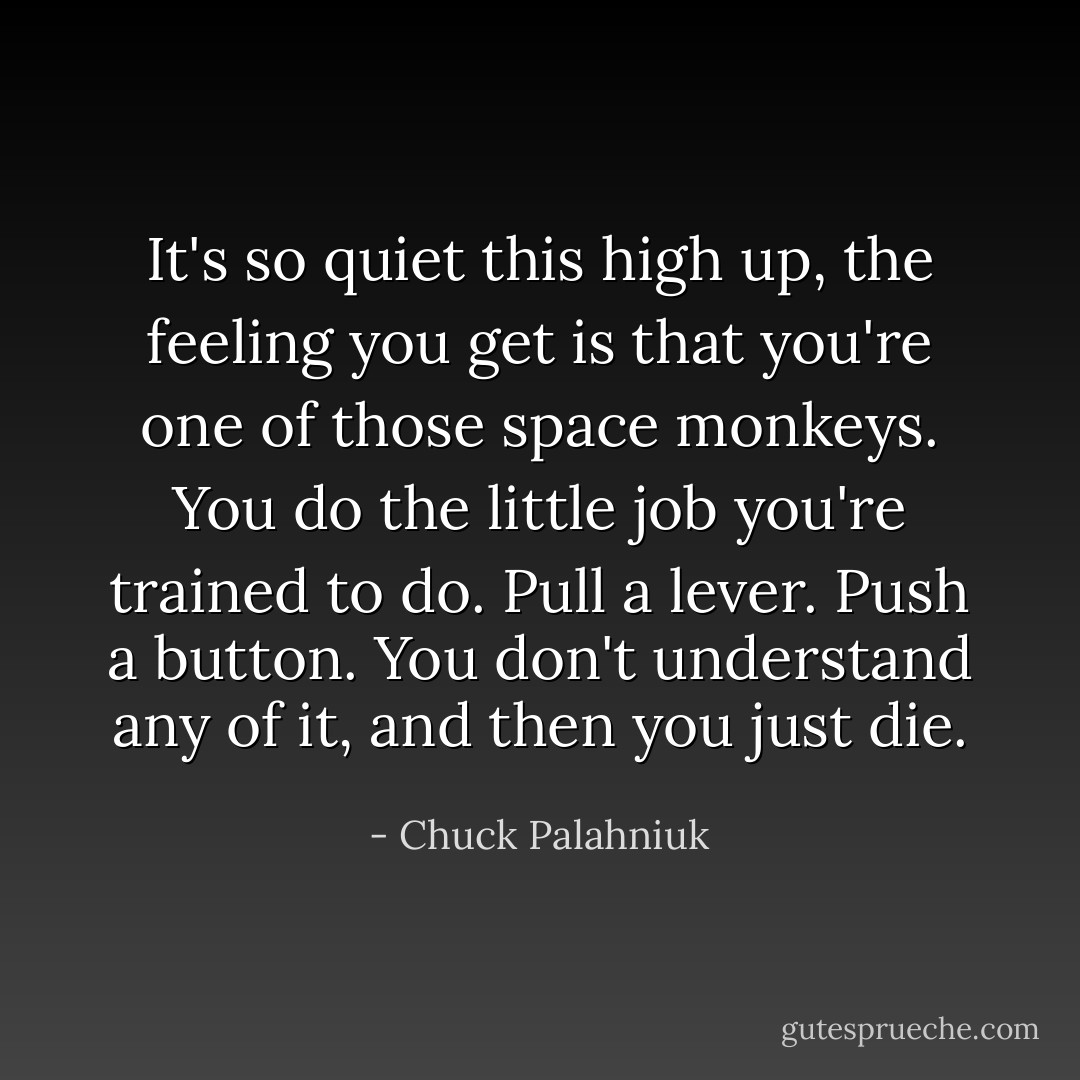 It's so quiet this high up, the feeling you get is that you're one of those space monkeys. You do the little job you're trained to do. Pull a lever. Push a button. You don't understand any of it, and then you just die. - Chuck Palahniuk