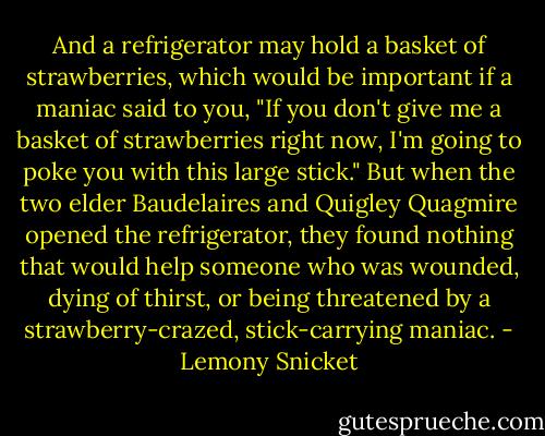 And a refrigerator may hold a basket of strawberries, which would be important if a maniac said to you, "If you don't give me a basket of strawberries right now, I'm going to poke you with this large stick." But when the two elder Baudelaires and Quigley Quagmire opened the refrigerator, they found nothing that would help someone who was wounded, dying of thirst, or being threatened by a strawberry-crazed, stick-carrying maniac. - Lemony Snicket