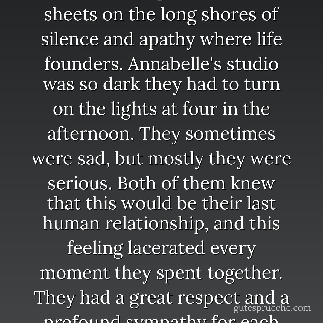 Back in Paris they had happy moments together, like stills from a perfume ad (dashing hand in hand down the steps of Montmartre; or suddenly revealed in motionless embrace on the Pont des Arts by the lights of a bateau-mouche as it turned). There were the Sunday afternoon half-arguments, too, the moments of silence when bodies curl up beneath the sheets on the long shores of silence and apathy where life founders. Annabelle's studio was so dark they had to turn on the lights at four in the afternoon. They sometimes were sad, but mostly they were serious. Both of them knew that this would be their last human relationship, and this feeling lacerated every moment they spent together. They had a great respect and a profound sympathy for each other, and there were days when, caught up in some sudden magic, they knew moments of fresh air and glorious, bracing sunshine. For the most part, however, they could feel a gray shadow moving over them, on the earth that supported them, and in everything they could glimpse the end. - Michel Houellebecq