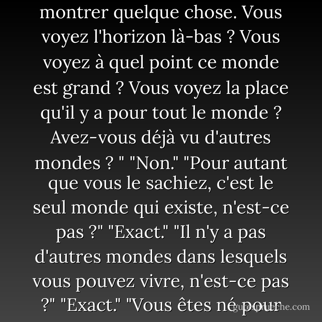 Que pouvez-vous faire lorsque vous n'êtes pas à votre place ? Que pouvez-vous faire lorsque la vie semble vous échapper ? <br />"Suivez-moi. Je veux vous montrer quelque chose. Vous voyez l'horizon là-bas ? Vous voyez à quel point ce monde est grand ? Vous voyez la place qu'il y a pour tout le monde ? Avez-vous déjà vu d'autres mondes ? "<br />"Non."<br />"Pour autant que vous le sachiez, c'est le seul monde qui existe, n'est-ce pas ?"<br />"Exact."<br />"Il n'y a pas d'autres mondes dans lesquels vous pouvez vivre, n'est-ce pas ?"<br />"Exact."<br />"Vous êtes né pour vivre dans ce monde, n'est-ce pas ?"<br />"Exact."<br />"ALORS, VIVRE DANS CE MONDE ! Cinq cents, s'il vous plaît. - Charles M. Schulz