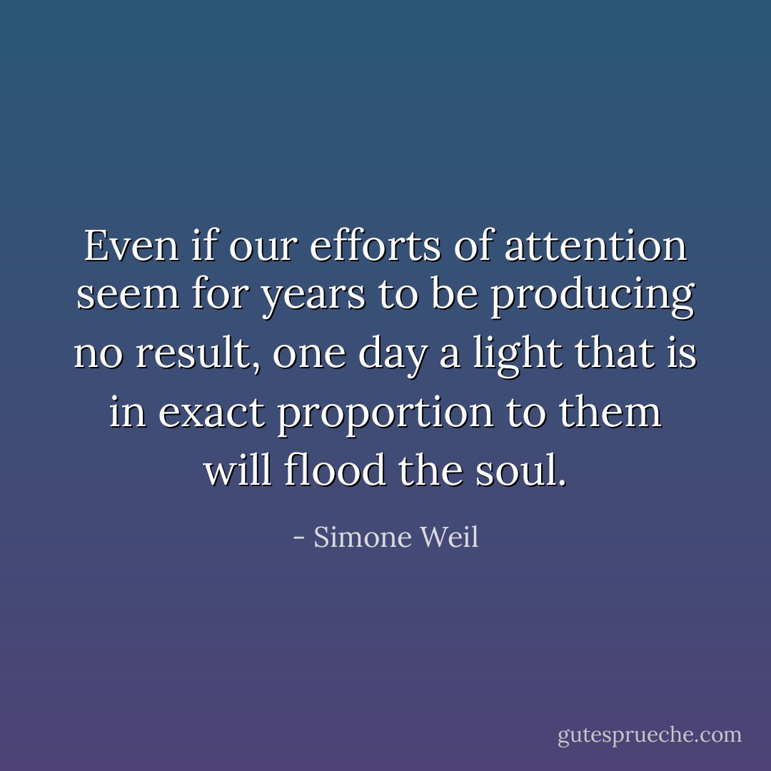 Even if our efforts of attention seem for years to be producing no result, one day a light that is in exact proportion to them will flood the soul. - Simone Weil