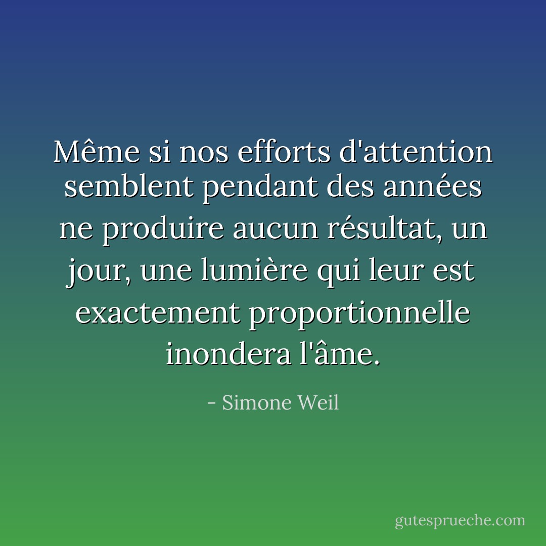 Même si nos efforts d'attention semblent pendant des années ne produire aucun résultat, un jour, une lumière qui leur est exactement proportionnelle inondera l'âme. - Simone Weil