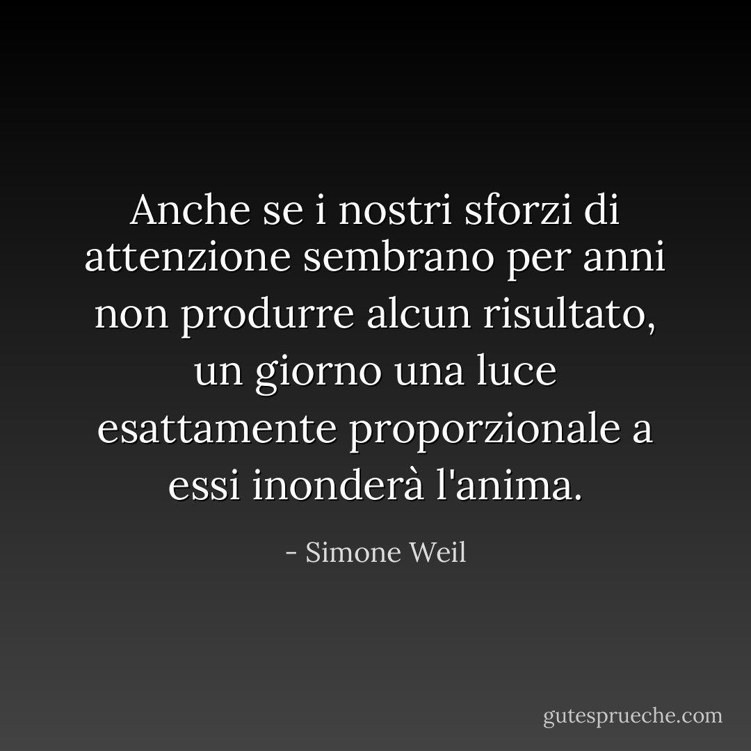 Anche se i nostri sforzi di attenzione sembrano per anni non produrre alcun risultato, un giorno una luce esattamente proporzionale a essi inonderà l'anima. - Simone Weil