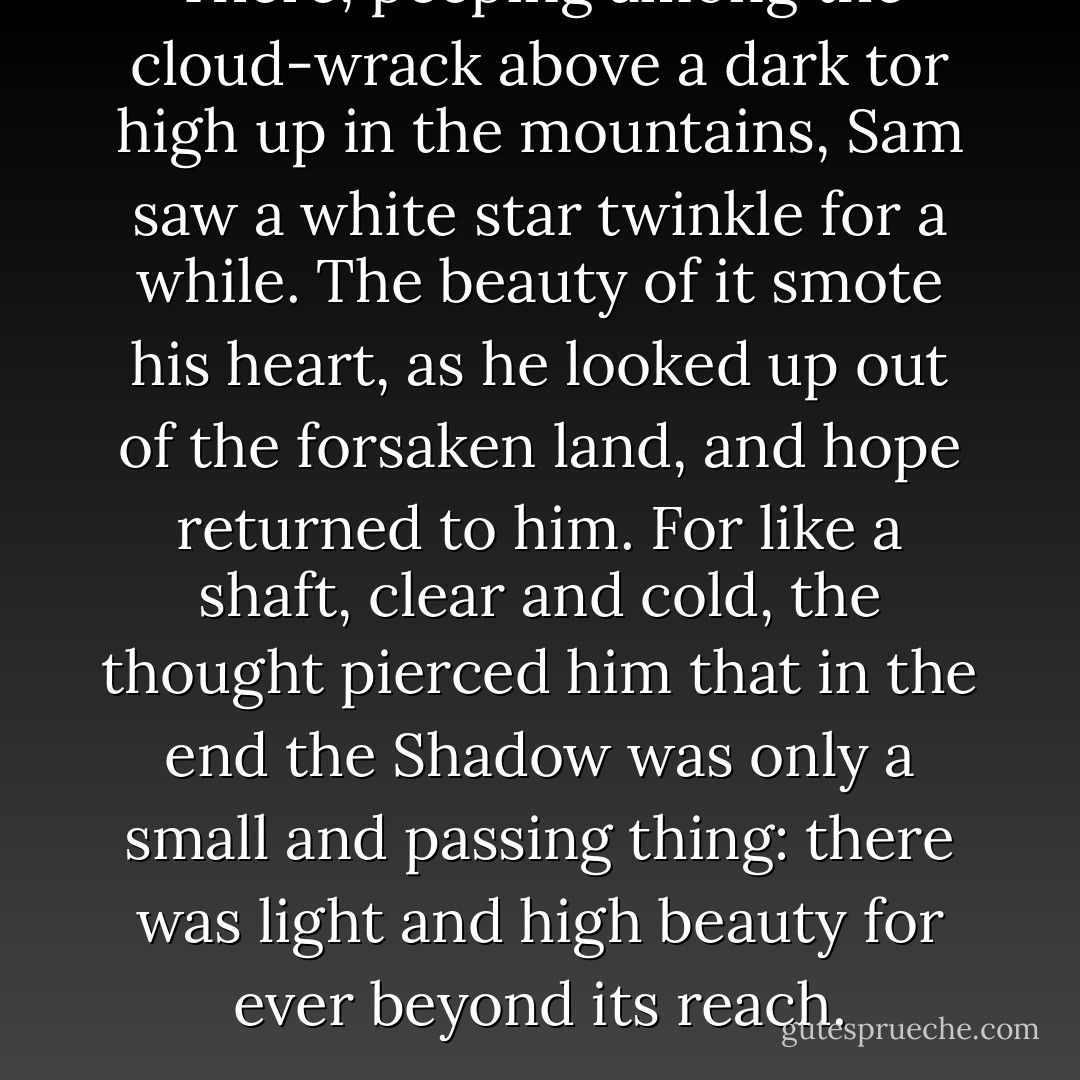 There, peeping among the cloud-wrack above a dark tor high up in the mountains, Sam saw a white star twinkle for a while. The beauty of it smote his heart, as he looked up out of the forsaken land, and hope returned to him. For like a shaft, clear and cold, the thought pierced him that in the end the Shadow was only a small and passing thing: there was light and high beauty for ever beyond its reach. - J.R.R. Tolkien